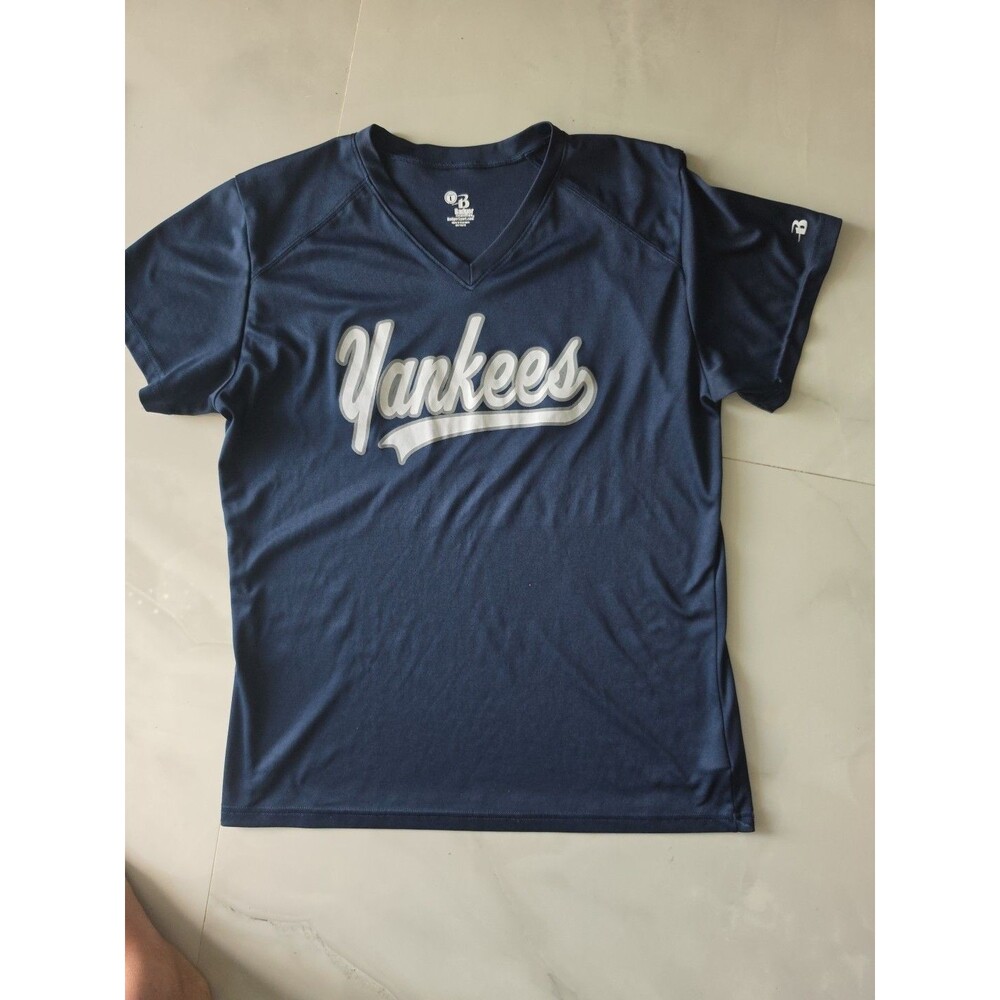 Womens Badger Sport Blue & White Lettering Yankees V-neck Tee Shirt Sz Large